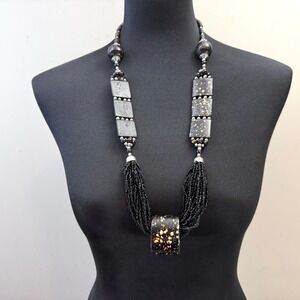 Seed Bead Tassel Statement Necklace Speckled Black Acrylic Stones Jewelry 16 in